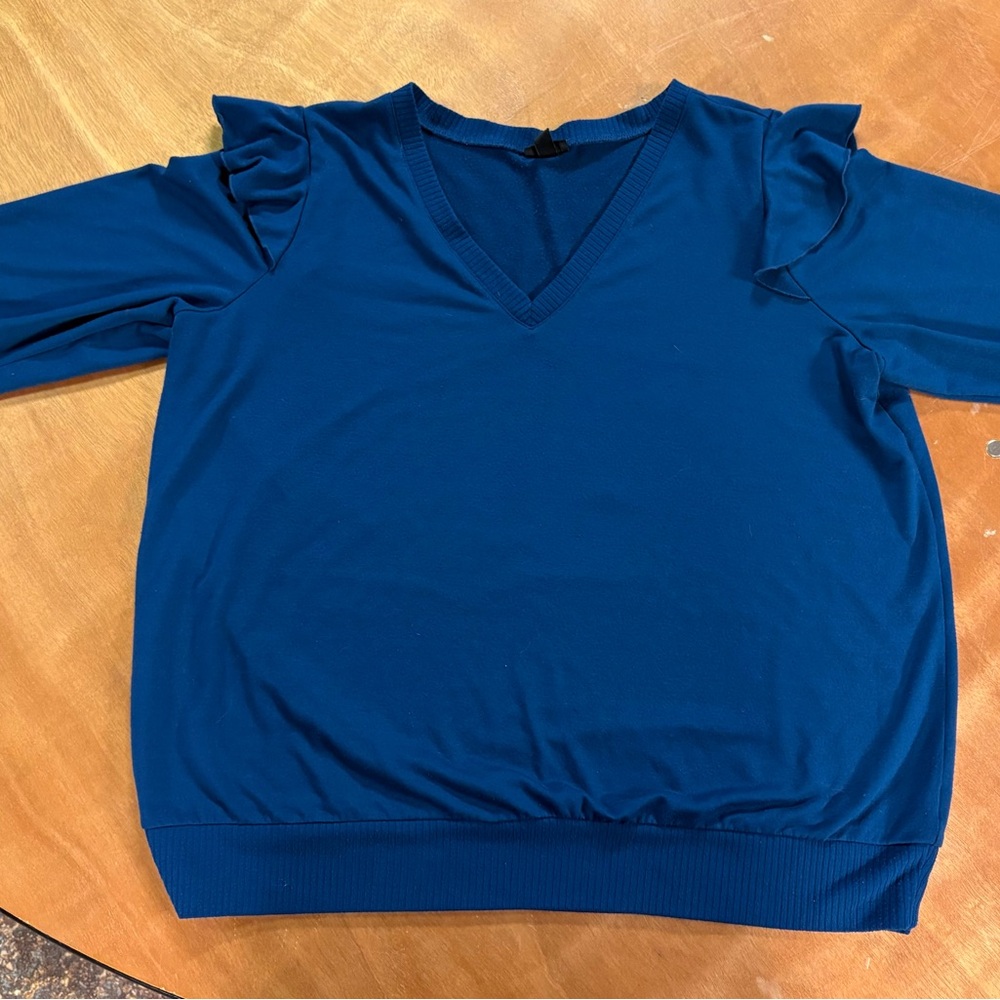 Torrid Ruffle Trim V-Neck Blue Sweatshirt - Picture 2 of 3